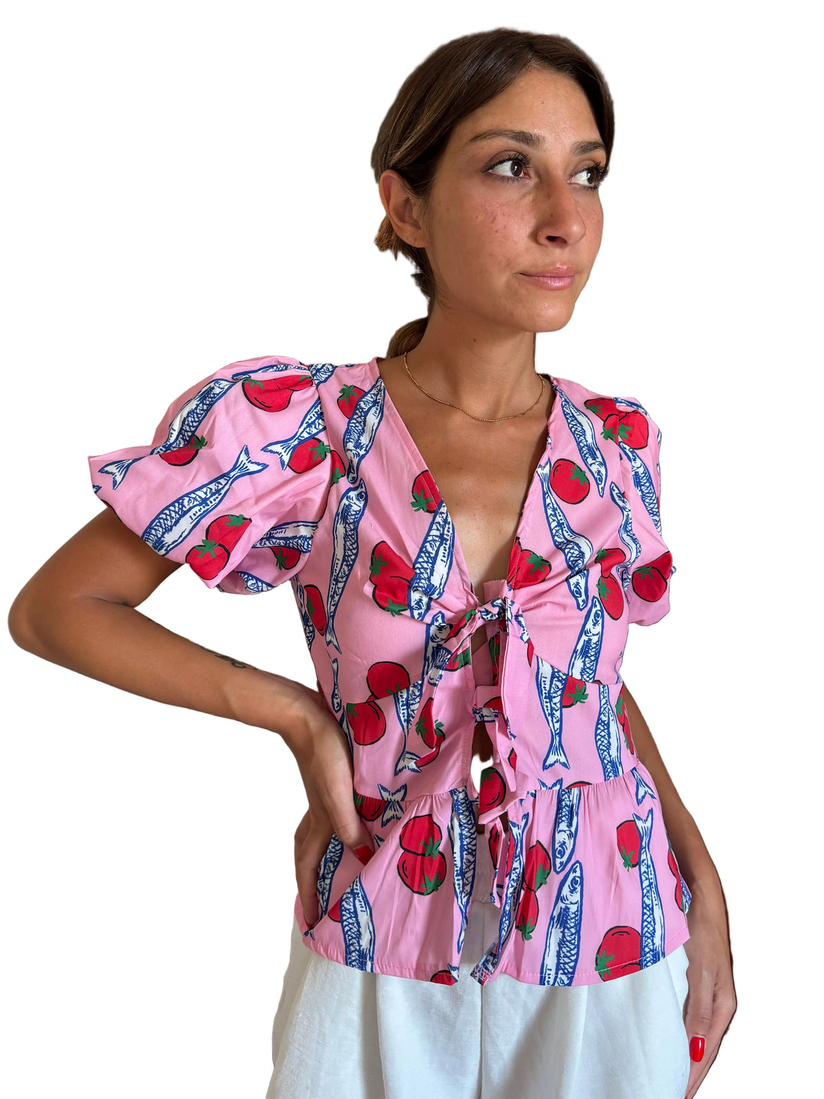 Pink tomato print sleeve blouse