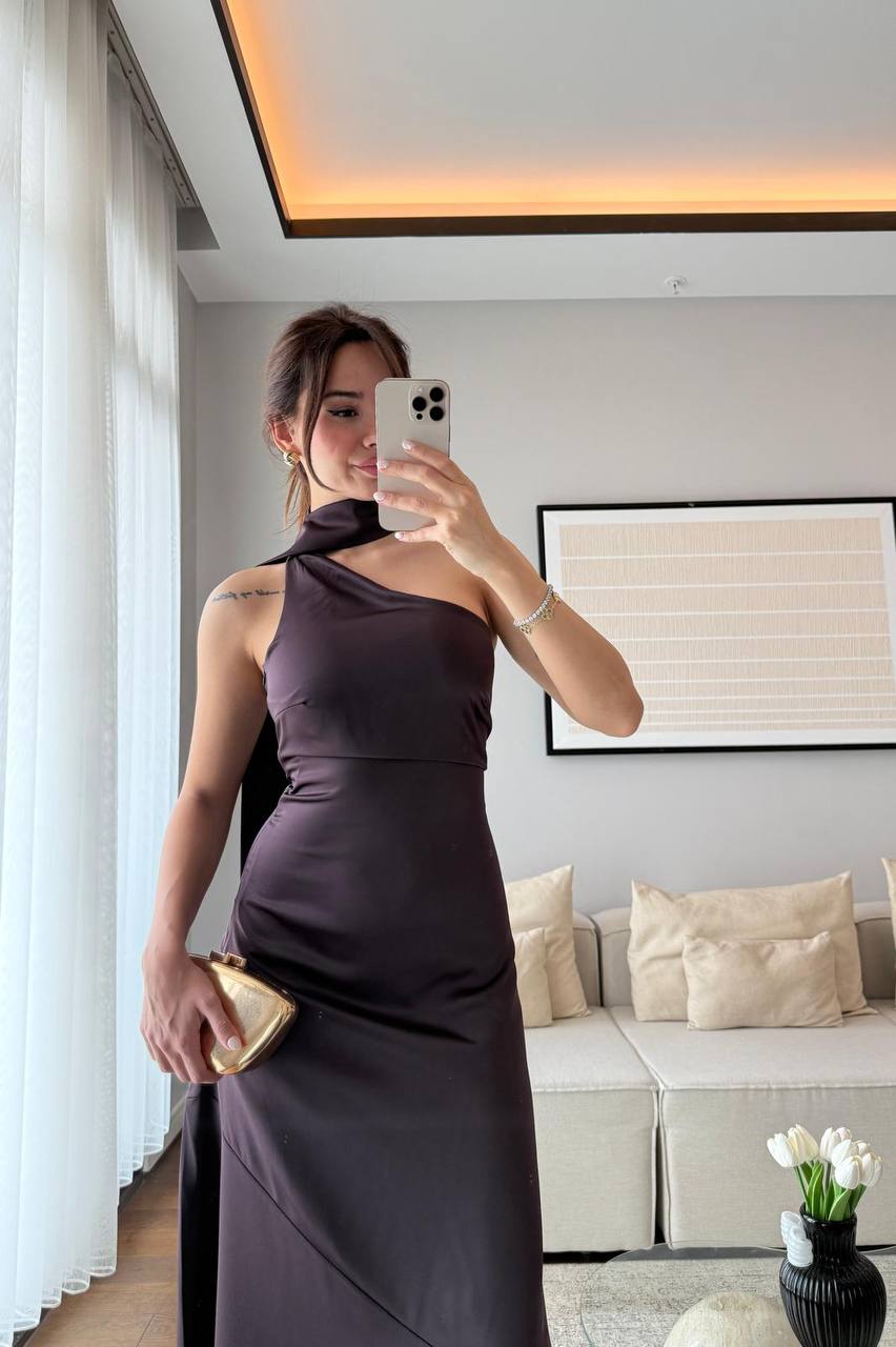 Brown Satin Halter Maxi Dress