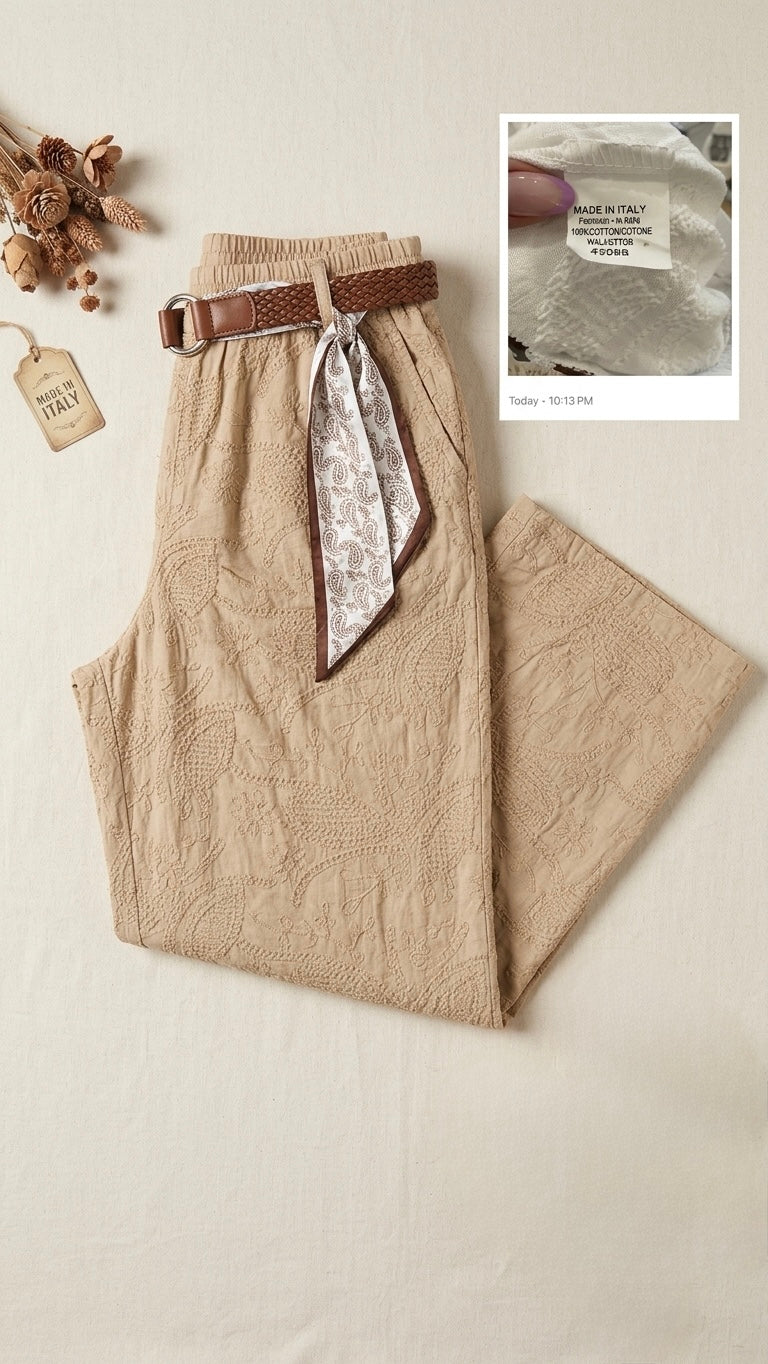 Embroidered Wide-Leg Linen-Blend Trousers