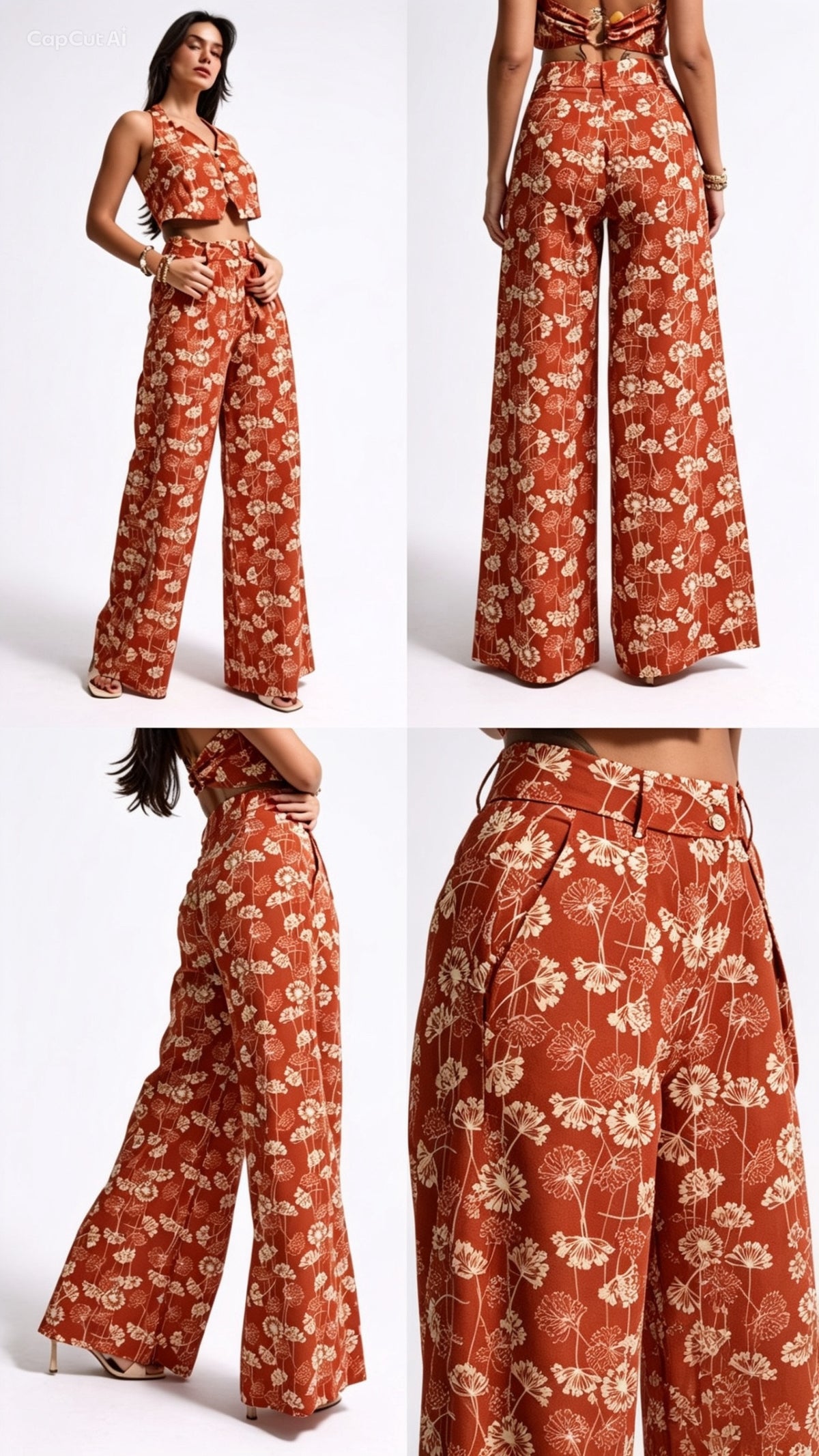A woman modeling a rust-orange wide-leg jumpsuit with a cream floral print, shown in multiple views including front, back, side, and close-up detail shots on a white studio background.