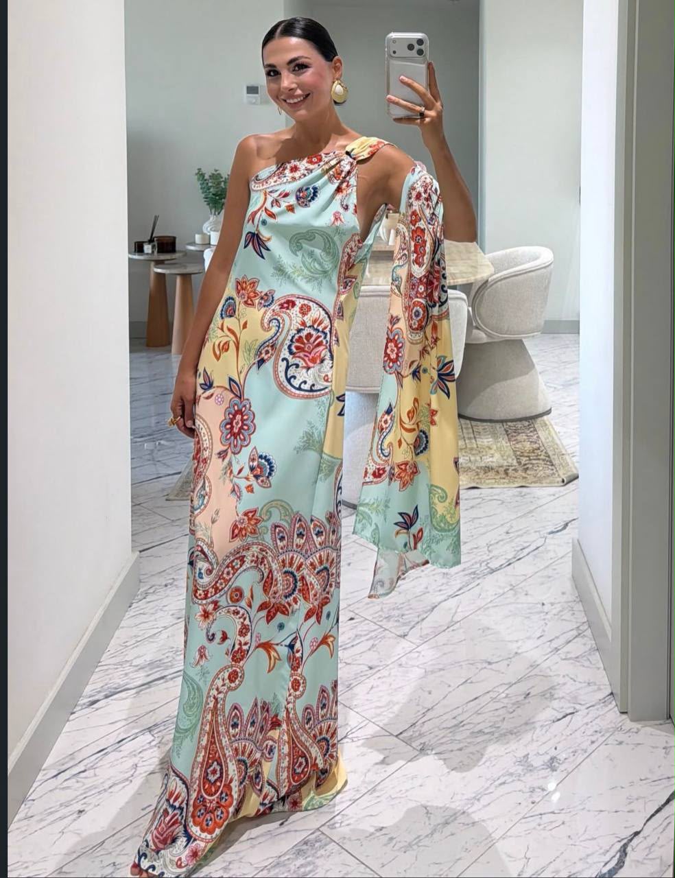 Scarf-Detail One-Shoulder Maxi Dress