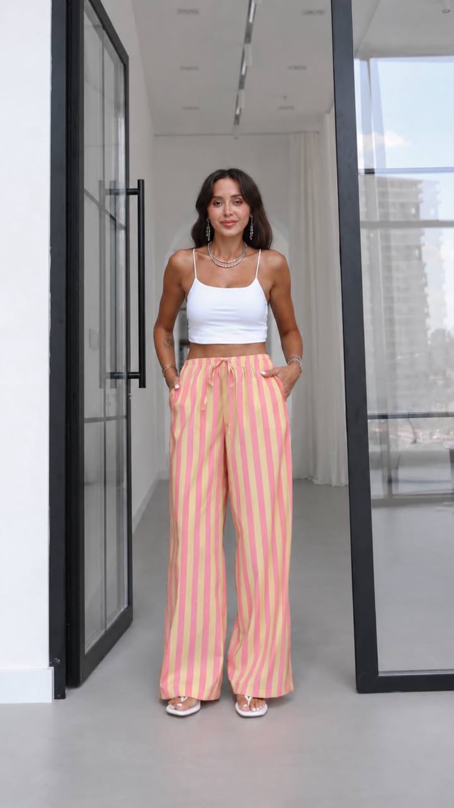 Yellow and Pink striped wide leg pants