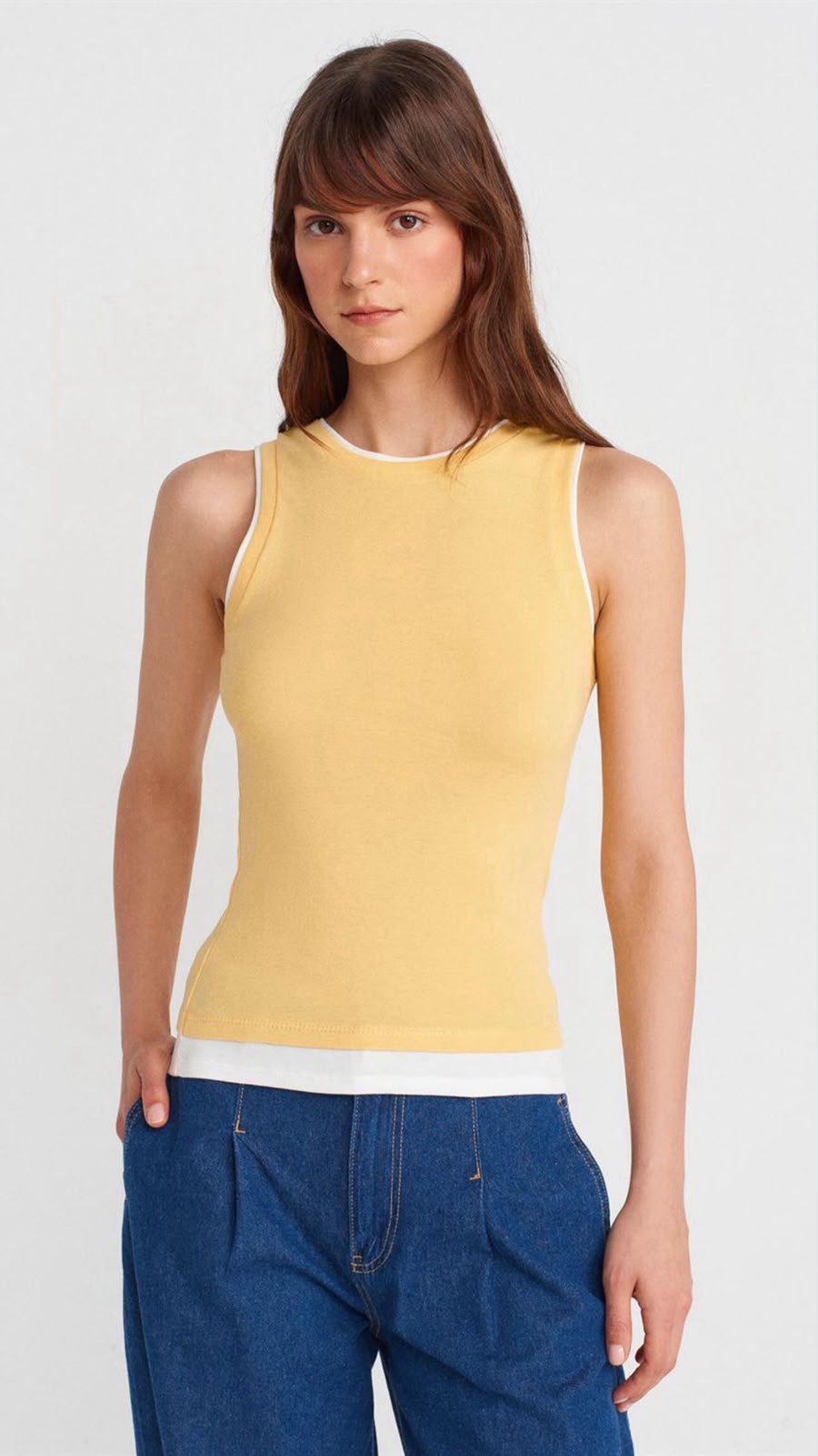 Yellow Sleeveless Tank Top With White Trim