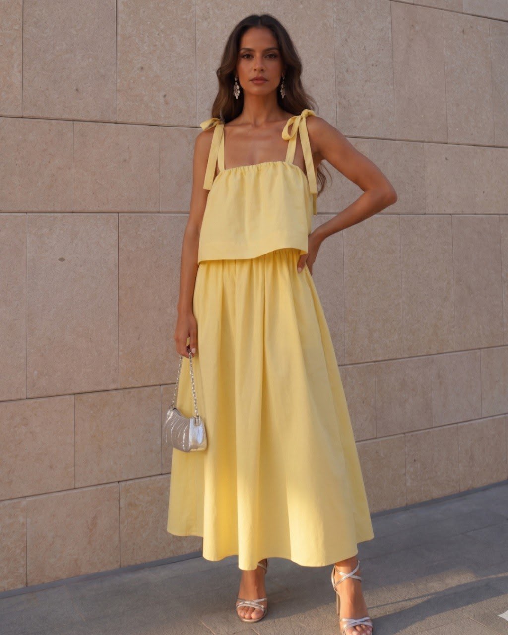 Yellow Sleeveless Midi Tie Strap Dress